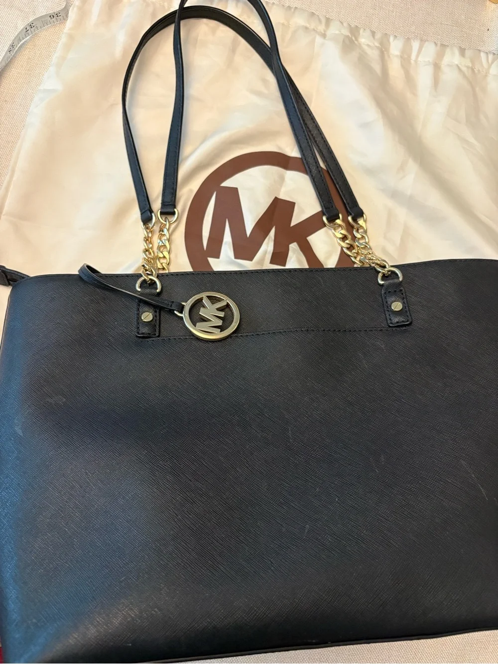 Michael Kors Black Saffiano Leather Tote with Gold Chain Detail